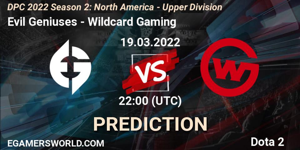 Pronóstico Evil Geniuses - Wildcard Gaming. 19.03.22, Dota 2, DPC 2021/2022 Tour 2 (Season 2): NA Division I (Upper) - ESL One Spring 2022