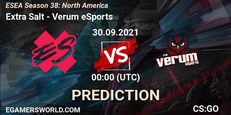 Pronóstico Extra Salt - Verum eSports. 30.09.2021 at 00:00, Counter-Strike (CS2), ESEA Season 38: North America 