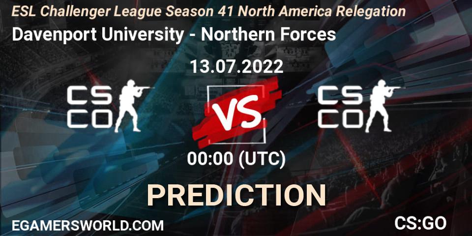 Pronóstico Davenport University - Northern Forces. 13.07.2022 at 00:00, Counter-Strike (CS2), ESL Challenger League Season 41 North America Relegation