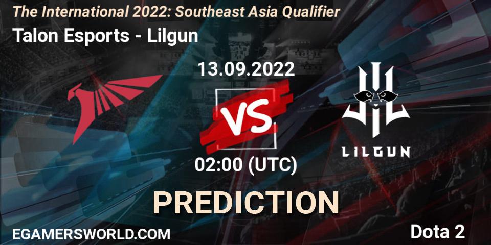 Pronóstico Talon Esports - Lilgun. 13.09.2022 at 02:11, Dota 2, The International 2022: Southeast Asia Qualifier