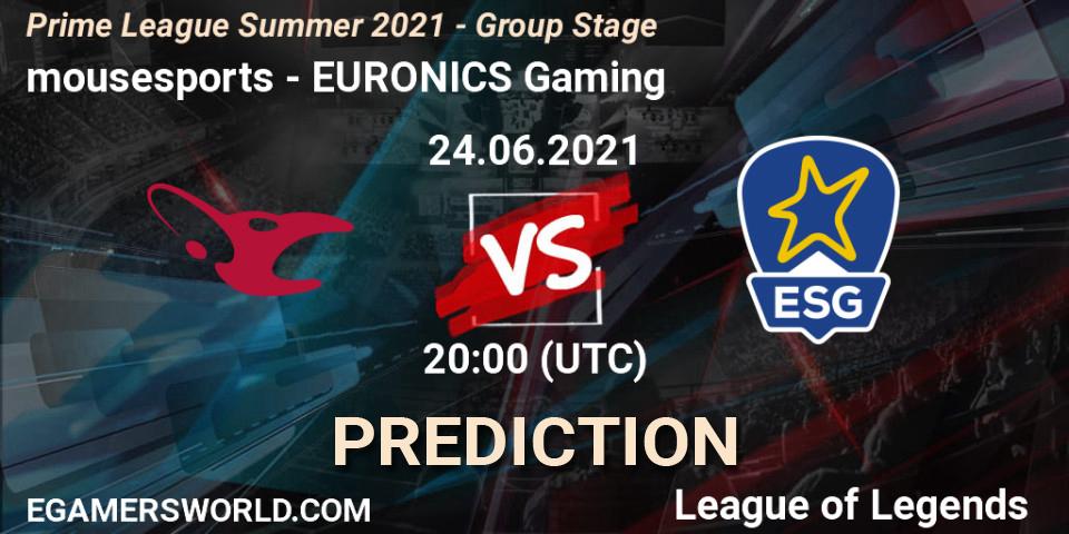 Pronóstico mousesports - EURONICS Gaming. 24.06.2021 at 16:00, LoL, Prime League Summer 2021 - Group Stage