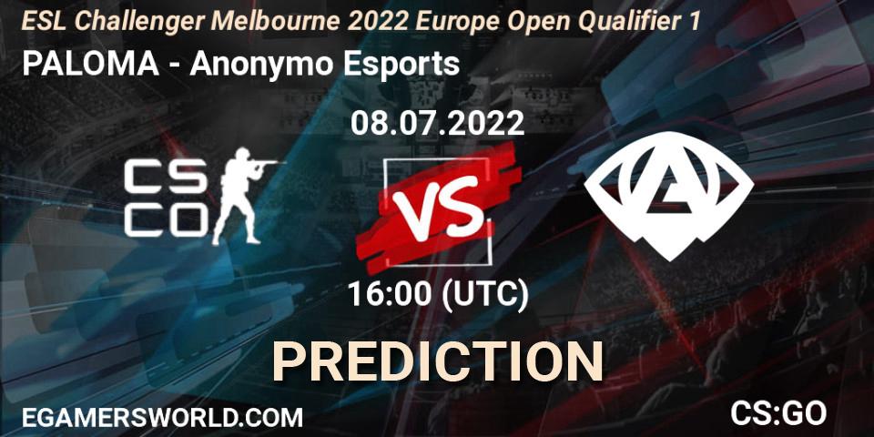 Pronóstico PALOMA - Anonymo Esports. 08.07.2022 at 16:00, Counter-Strike (CS2), ESL Challenger Melbourne 2022 Europe Open Qualifier 1