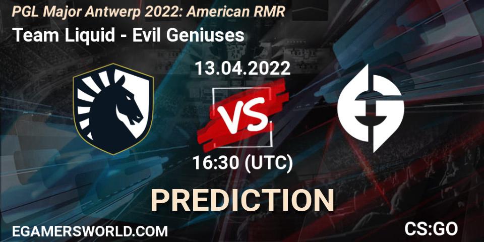 Pronóstico Team Liquid - Evil Geniuses. 13.04.2022 at 14:50, Counter-Strike (CS2), PGL Major Antwerp 2022: American RMR
