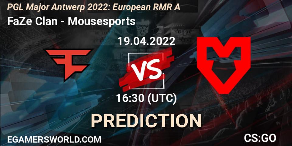 Pronóstico FaZe Clan - Mousesports. 19.04.2022 at 15:05, Counter-Strike (CS2), PGL Major Antwerp 2022: European RMR A
