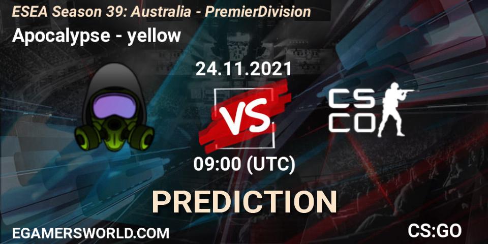 Pronóstico Apocalypse - yellow. 24.11.2021 at 09:00, Counter-Strike (CS2), ESEA Season 39: Australia - Premier Division