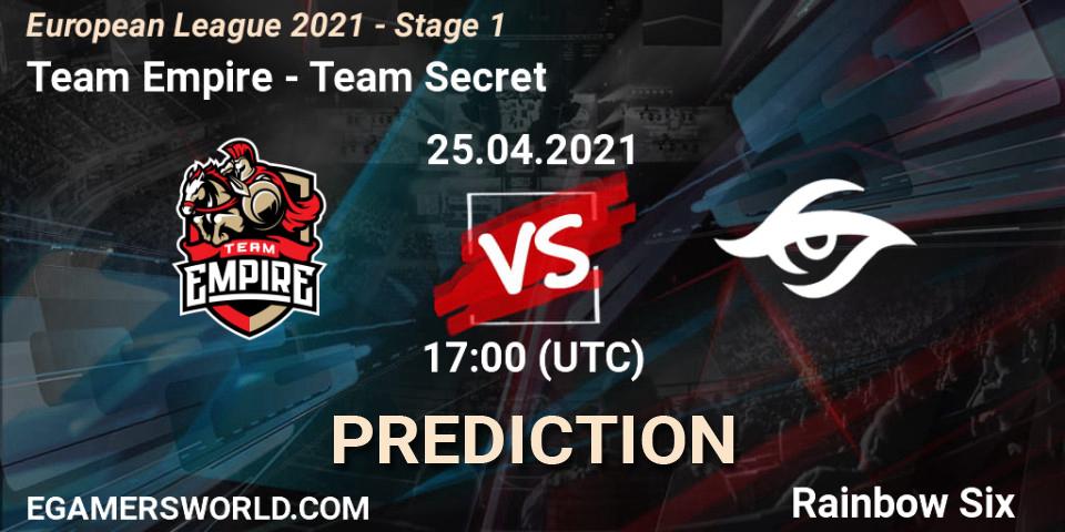 Pronóstico Team Empire - Team Secret. 25.04.2021 at 15:15, Rainbow Six, European League 2021 - Stage 1
