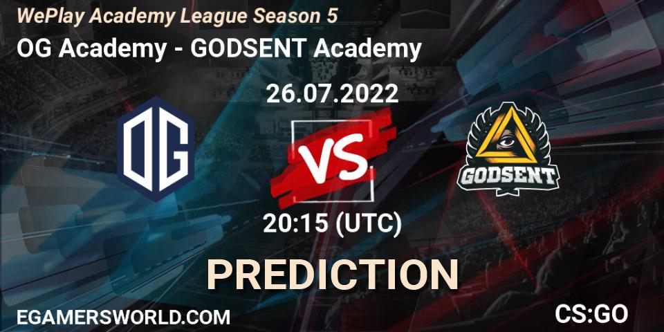 Pronóstico OG Academy - GODSENT Academy. 26.07.2022 at 20:15, Counter-Strike (CS2), WePlay Academy League Season 5