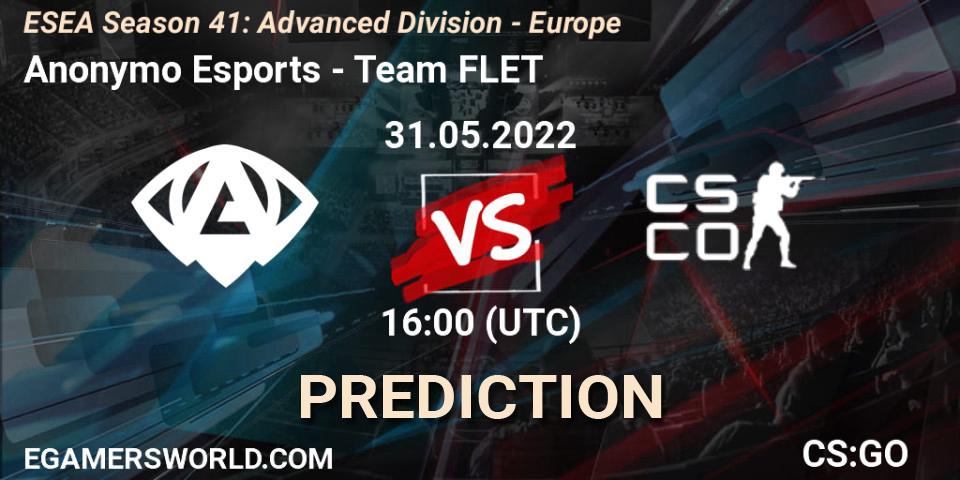 Pronóstico Anonymo Esports - Team FLET. 31.05.2022 at 16:00, Counter-Strike (CS2), ESEA Season 41: Advanced Division - Europe