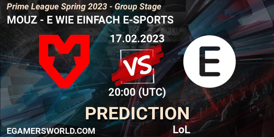 Pronóstico MOUZ - E WIE EINFACH E-SPORTS. 17.02.2023 at 21:00, LoL, Prime League Spring 2023 - Group Stage