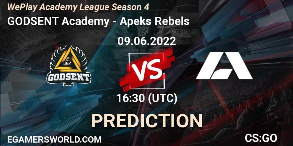 Pronóstico GODSENT Academy - Apeks Rebels. 09.06.2022 at 17:40, Counter-Strike (CS2), WePlay Academy League Season 4