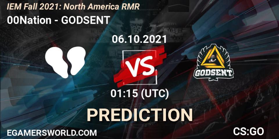 Pronóstico 00Nation - GODSENT. 06.10.2021 at 01:45, Counter-Strike (CS2), IEM Fall 2021: North America RMR
