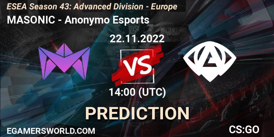 Pronóstico MASONIC - Anonymo Esports. 22.11.2022 at 14:00, Counter-Strike (CS2), ESEA Season 43: Advanced Division - Europe