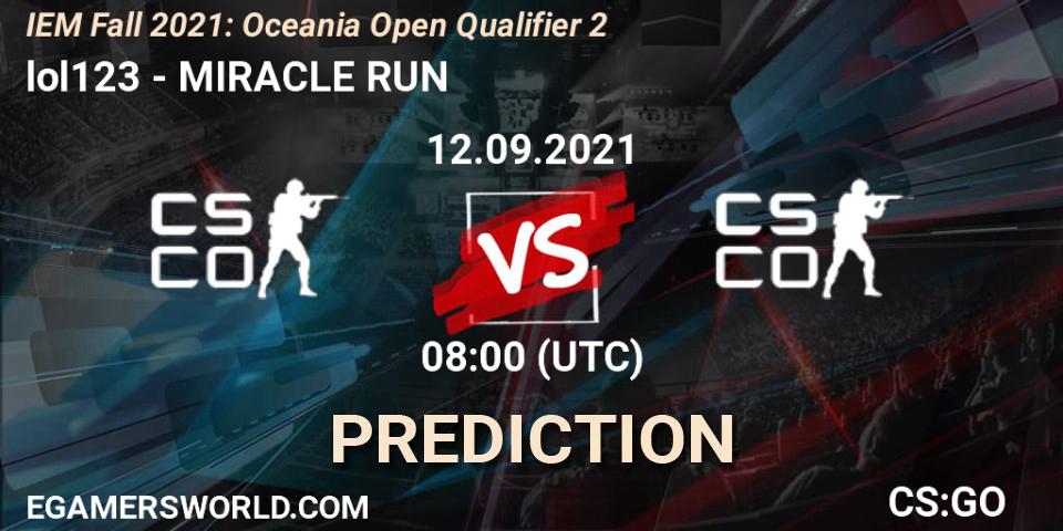 Pronóstico lol123 - MIRACLE RUN. 12.09.21, CS2 (CS:GO), IEM Fall 2021: Oceania Open Qualifier 2