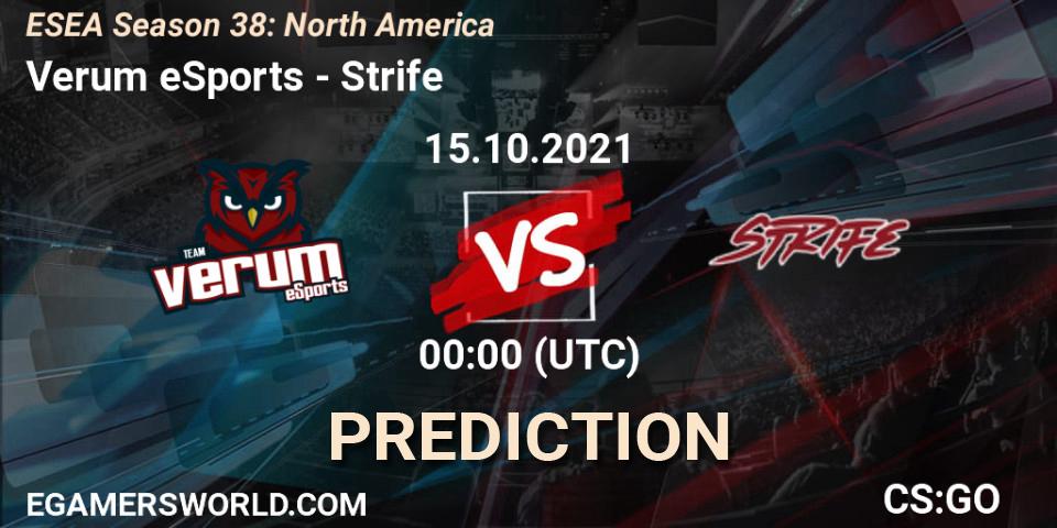 Pronóstico Verum eSports - Strife. 15.10.2021 at 00:00, Counter-Strike (CS2), ESEA Season 38: North America 