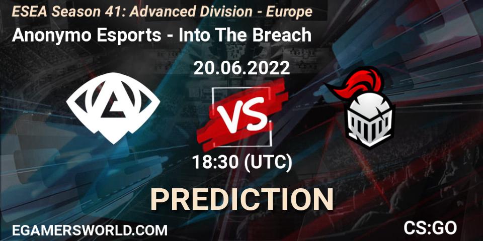 Pronóstico Anonymo Esports - Into The Breach. 20.06.2022 at 16:00, Counter-Strike (CS2), ESEA Season 41: Advanced Division - Europe