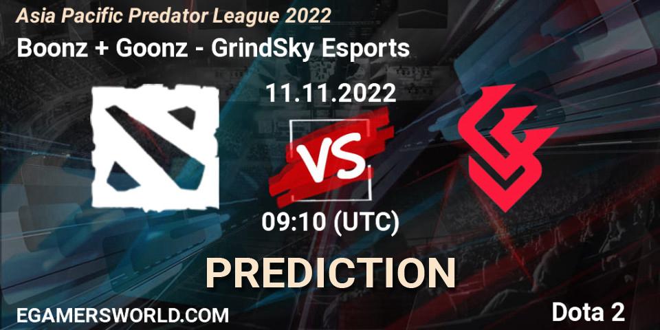Pronóstico Boonz + Goonz - GrindSky Esports. 11.11.2022 at 09:10, Dota 2, Asia Pacific Predator League 2022