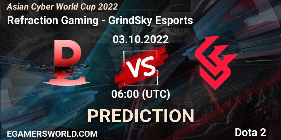 Pronóstico Refraction Gaming - GrindSky Esports. 03.10.2022 at 06:11, Dota 2, Asian Cyber World Cup 2022