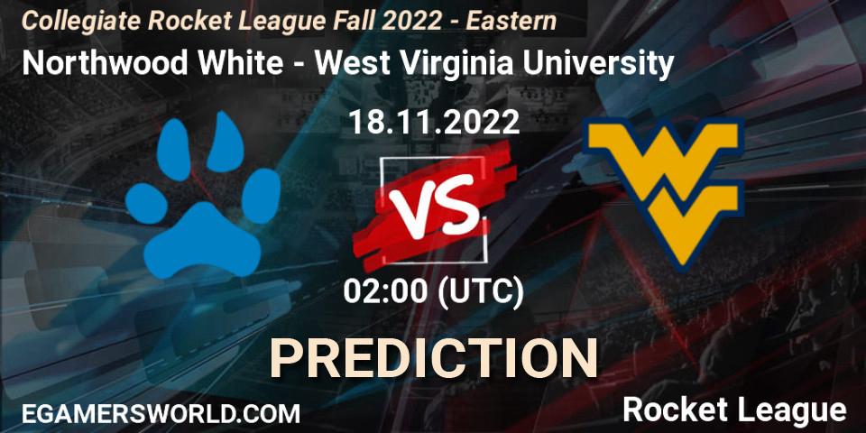 Pronóstico Northwood White - West Virginia University. 18.11.2022 at 02:00, Rocket League, Collegiate Rocket League Fall 2022 - Eastern