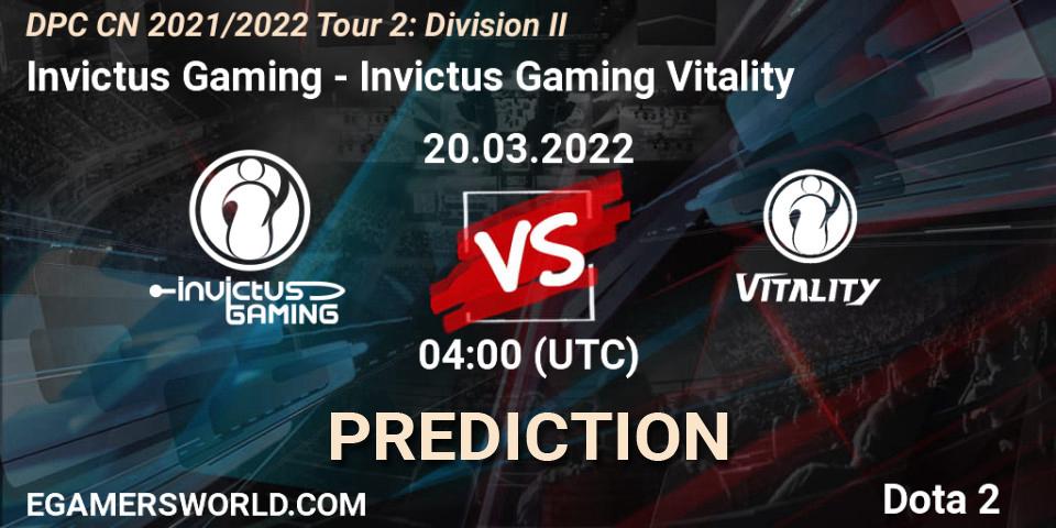 Pronóstico Invictus Gaming - Invictus Gaming Vitality. 20.03.2022 at 04:17, Dota 2, DPC 2021/2022 Tour 2: CN Division II (Lower)
