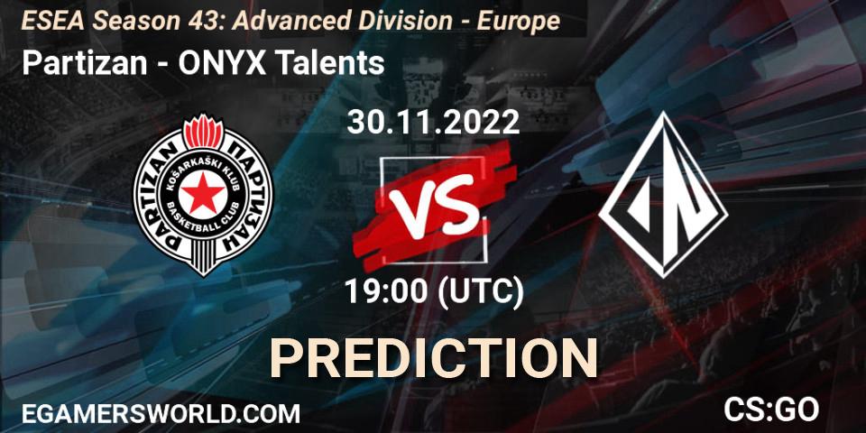 Pronóstico Partizan - ONYX Talents. 30.11.22, CS2 (CS:GO), ESEA Season 43: Advanced Division - Europe