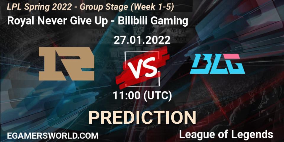 Pronóstico Royal Never Give Up - Bilibili Gaming. 27.01.2022 at 11:00, LoL, LPL Spring 2022 - Group Stage (Week 1-5)