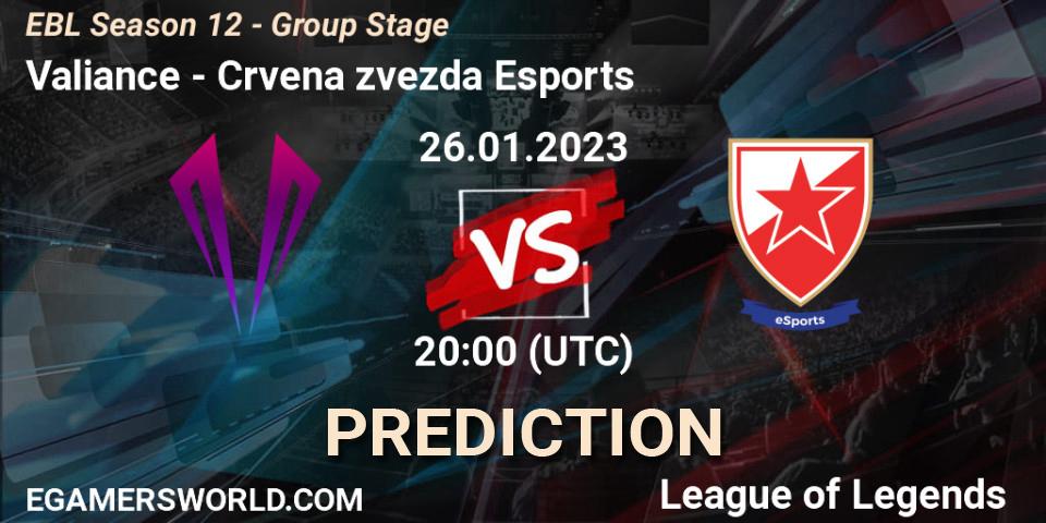 Pronóstico Valiance - Crvena zvezda Esports. 26.01.2023 at 20:00, LoL, EBL Season 12 - Group Stage