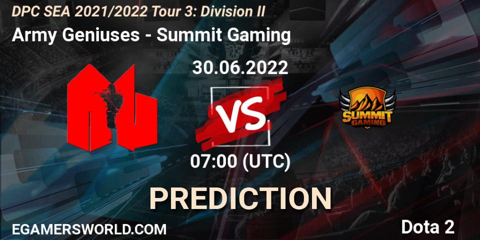 Pronóstico Army Geniuses - Summit Gaming. 30.06.2022 at 07:02, Dota 2, DPC SEA 2021/2022 Tour 3: Division II