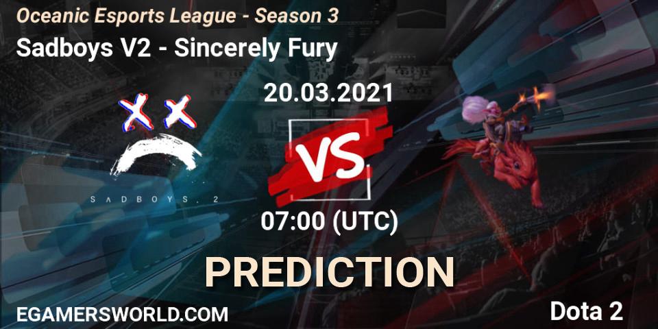 Pronóstico Sadboys V2 - Sincerely Fury. 20.03.2021 at 07:02, Dota 2, Oceanic Esports League - Season 3
