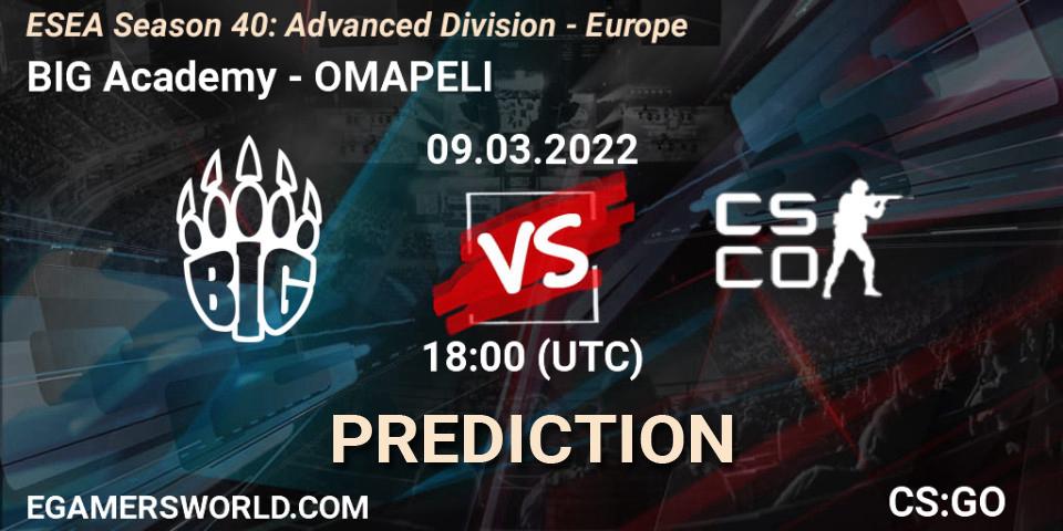 Pronóstico BIG Academy - OMAPELI. 09.03.2022 at 18:00, Counter-Strike (CS2), ESEA Season 40: Advanced Division - Europe
