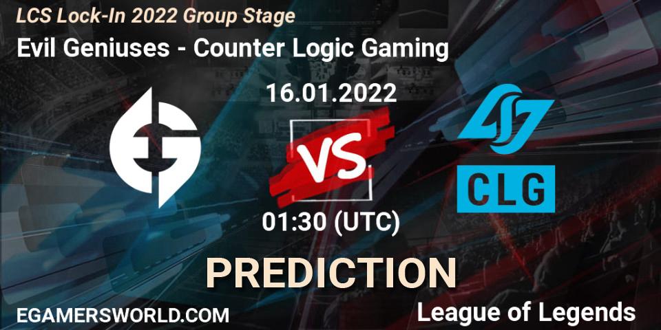 Pronóstico Evil Geniuses - Counter Logic Gaming. 16.01.2022 at 01:30, LoL, LCS Lock-In 2022 Group Stage