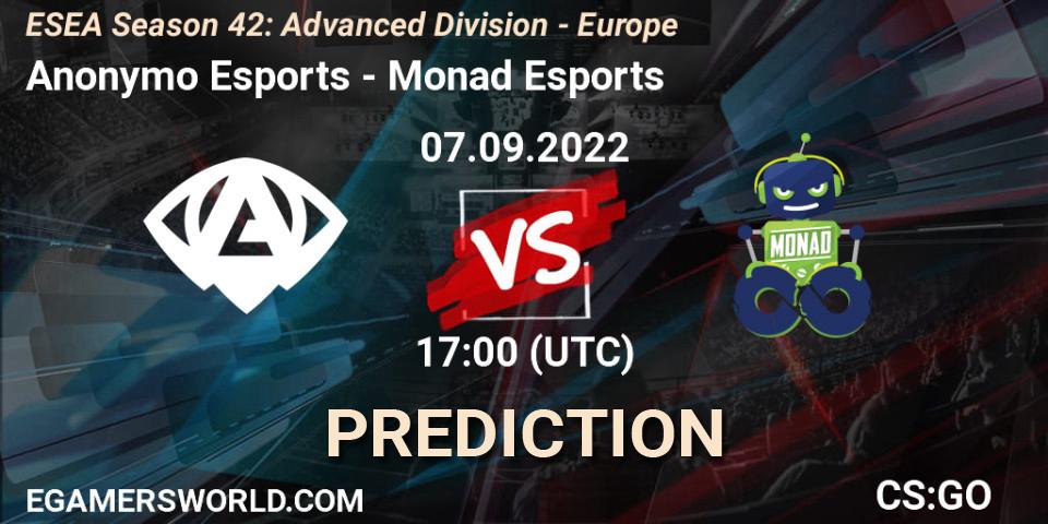 Pronóstico Anonymo Esports - Monad Esports. 07.09.2022 at 17:00, Counter-Strike (CS2), ESEA Season 42: Advanced Division - Europe