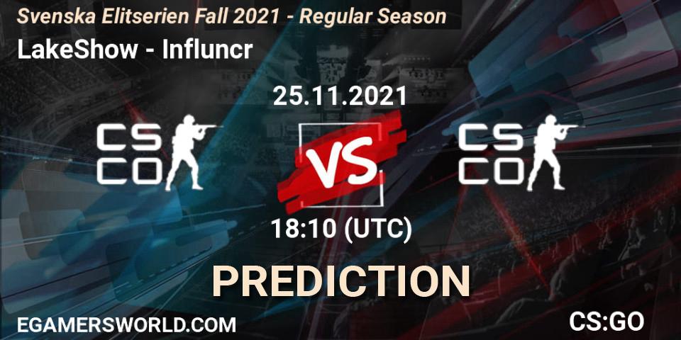 Pronóstico LakeShow - Influncr. 25.11.2021 at 18:10, Counter-Strike (CS2), Svenska Elitserien Fall 2021 - Regular Season