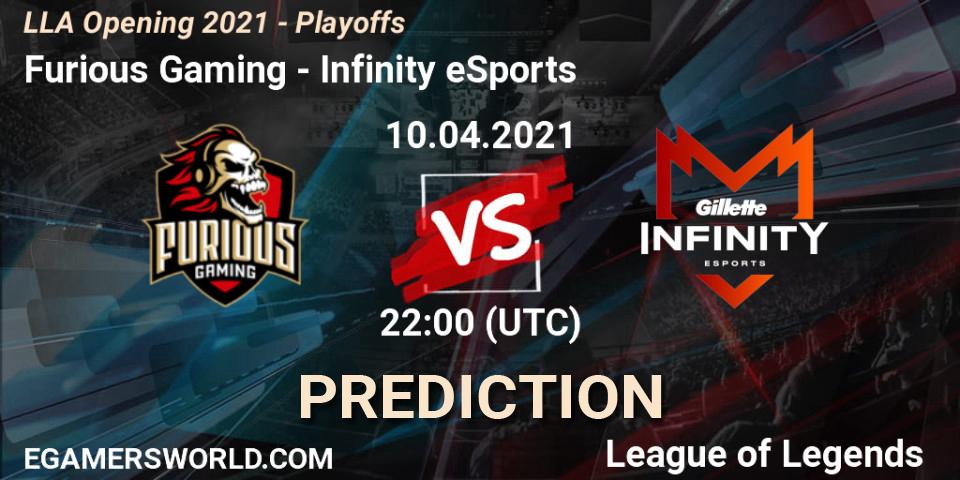 Pronóstico Furious Gaming - Infinity eSports. 10.04.2021 at 22:00, LoL, LLA Opening 2021 - Playoffs
