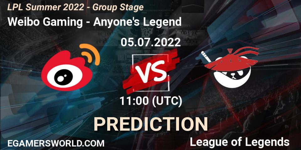 Pronóstico Weibo Gaming - Anyone's Legend. 05.07.2022 at 11:00, LoL, LPL Summer 2022 - Group Stage
