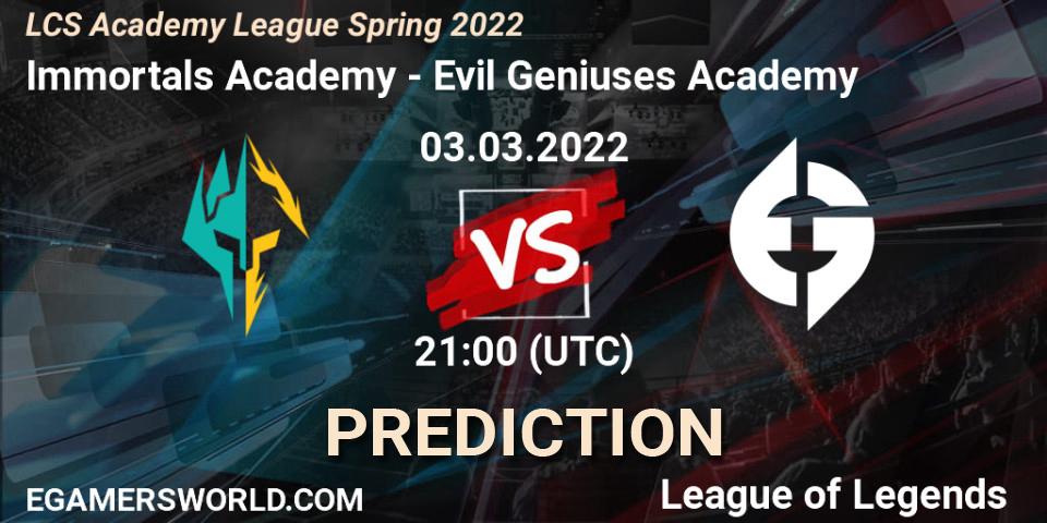 Pronóstico Immortals Academy - Evil Geniuses Academy. 03.03.2022 at 21:00, LoL, LCS Academy League Spring 2022