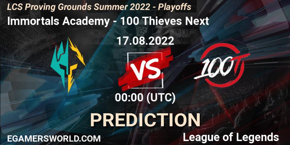 Pronóstico Immortals Academy - 100 Thieves Next. 17.08.2022 at 00:30, LoL, LCS Proving Grounds Summer 2022 - Playoffs