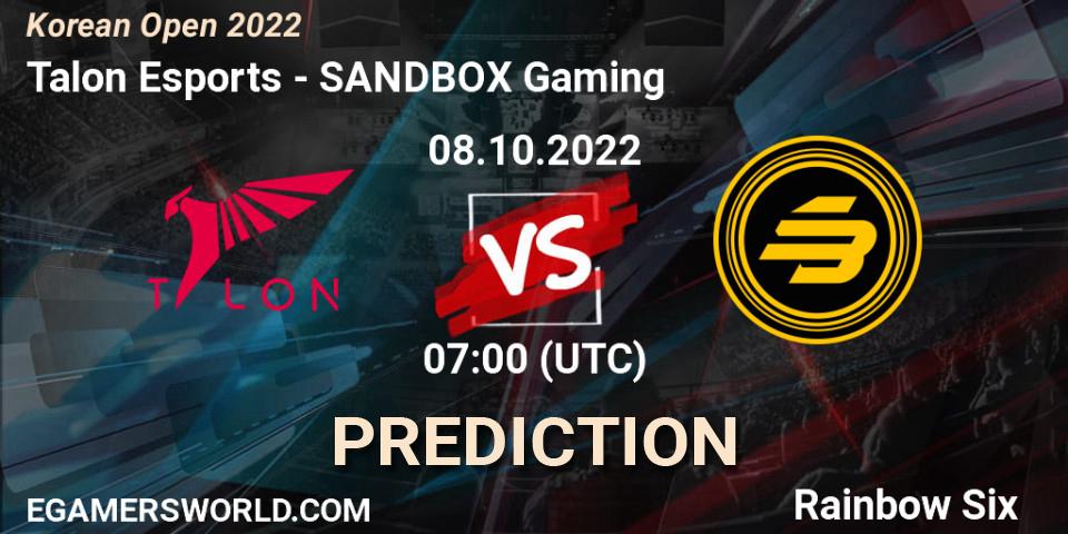 Pronóstico Talon Esports - SANDBOX Gaming. 08.10.2022 at 07:00, Rainbow Six, Korean Open 2022
