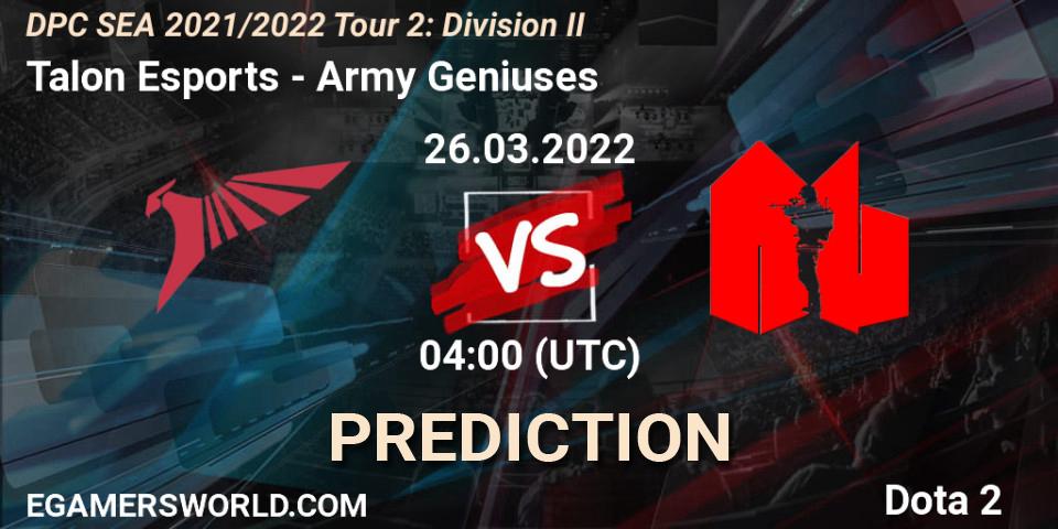 Pronóstico Talon Esports - Army Geniuses. 26.03.2022 at 04:02, Dota 2, DPC 2021/2022 Tour 2: SEA Division II (Lower)