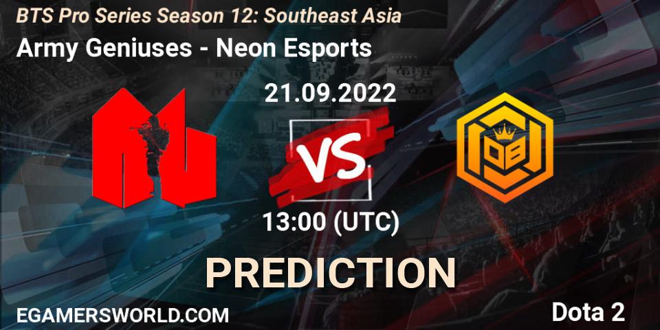 Pronóstico Army Geniuses - Neon Esports. 21.09.2022 at 12:58, Dota 2, BTS Pro Series Season 12: Southeast Asia