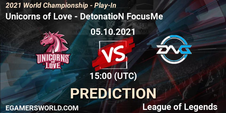 Pronóstico Unicorns of Love - DetonatioN FocusMe. 05.10.2021 at 15:10, LoL, 2021 World Championship - Play-In