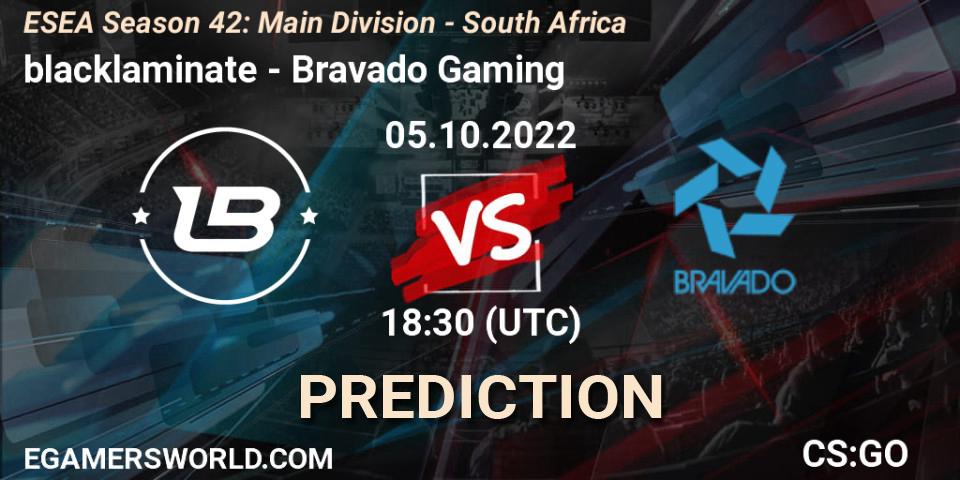 Pronóstico blacklaminate - Bravado Gaming. 05.10.2022 at 18:50, Counter-Strike (CS2), ESEA Season 42: Main Division - South Africa
