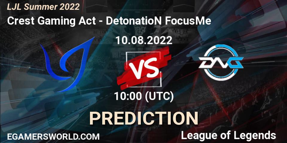 Pronóstico Crest Gaming Act - DetonatioN FocusMe. 10.08.2022 at 10:00, LoL, LJL Summer 2022