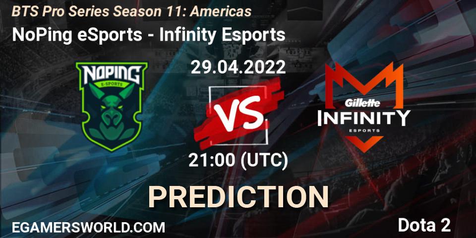 Pronóstico NoPing eSports - Infinity Esports. 29.04.2022 at 21:02, Dota 2, BTS Pro Series Season 11: Americas