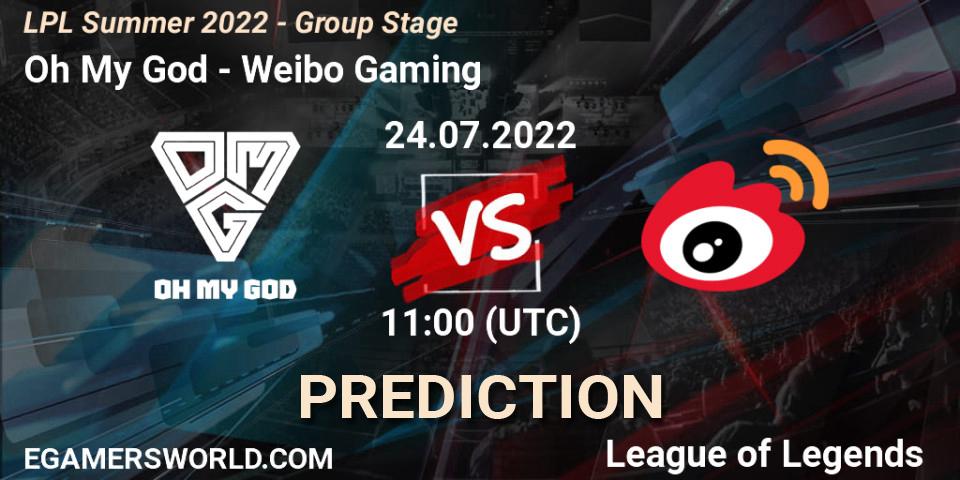 Pronóstico Oh My God - Weibo Gaming. 24.07.2022 at 11:00, LoL, LPL Summer 2022 - Group Stage