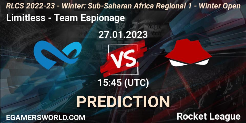 Pronóstico Limitless - Team Espionage. 27.01.2023 at 15:45, Rocket League, RLCS 2022-23 - Winter: Sub-Saharan Africa Regional 1 - Winter Open