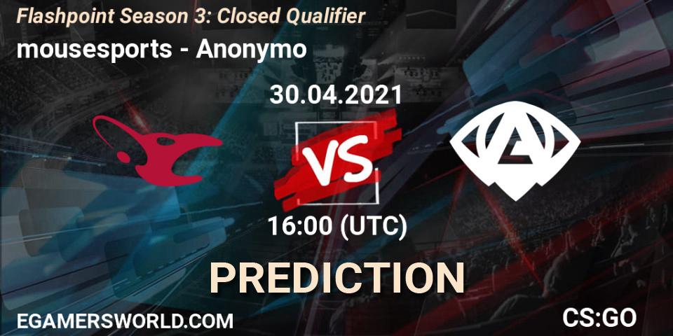 Pronóstico mousesports - Anonymo. 30.04.2021 at 13:00, Counter-Strike (CS2), Flashpoint Season 3: Closed Qualifier