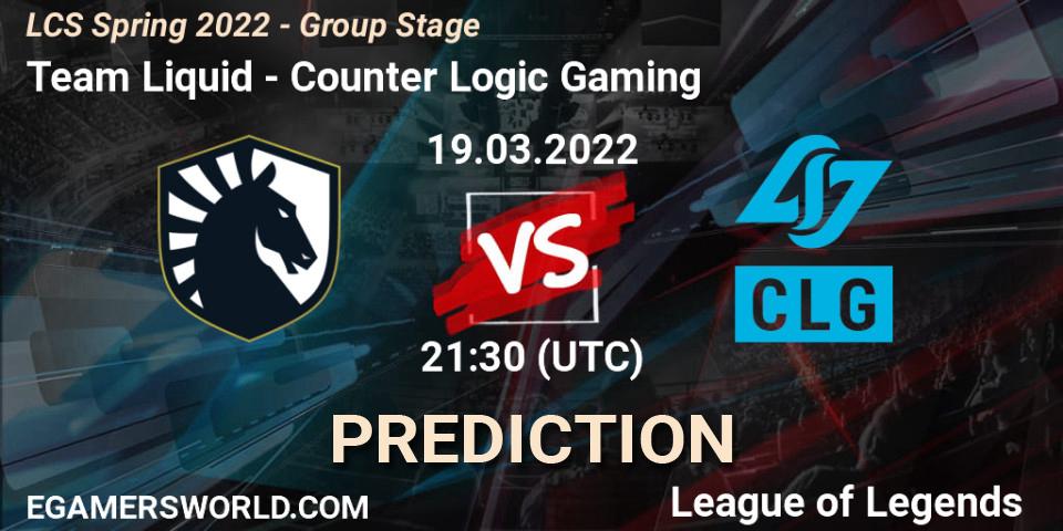 Pronóstico Team Liquid - Counter Logic Gaming. 19.03.2022 at 22:30, LoL, LCS Spring 2022 - Group Stage