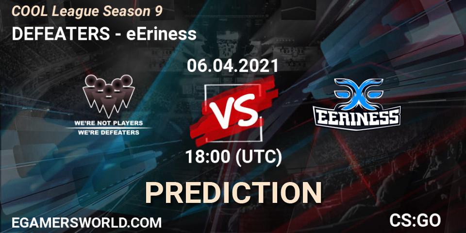 Pronóstico DEFEATERS - eEriness. 06.04.2021 at 18:00, Counter-Strike (CS2), COOL League Season 9