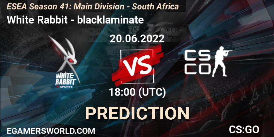 Pronóstico White Rabbit - blacklaminate. 20.06.2022 at 18:00, Counter-Strike (CS2), ESEA Season 41: Main Division - South Africa