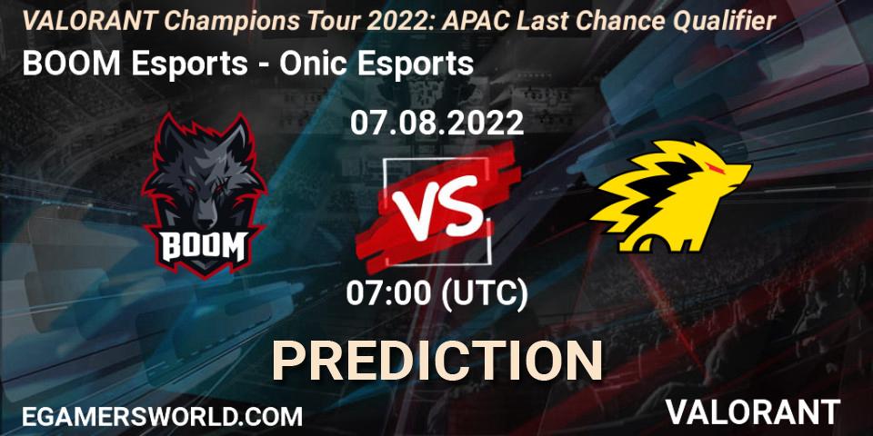 Pronóstico BOOM Esports - Onic Esports. 07.08.2022 at 07:00, VALORANT, VCT 2022: APAC Last Chance Qualifier